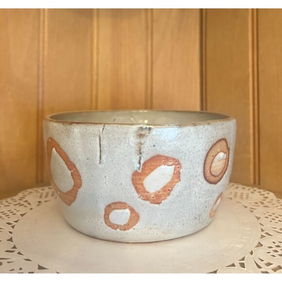 Studio Pottery Rustic Ceramic Bowl Gray Brown Abstract Circular Polka Dot Patter - Picture 5 of 7